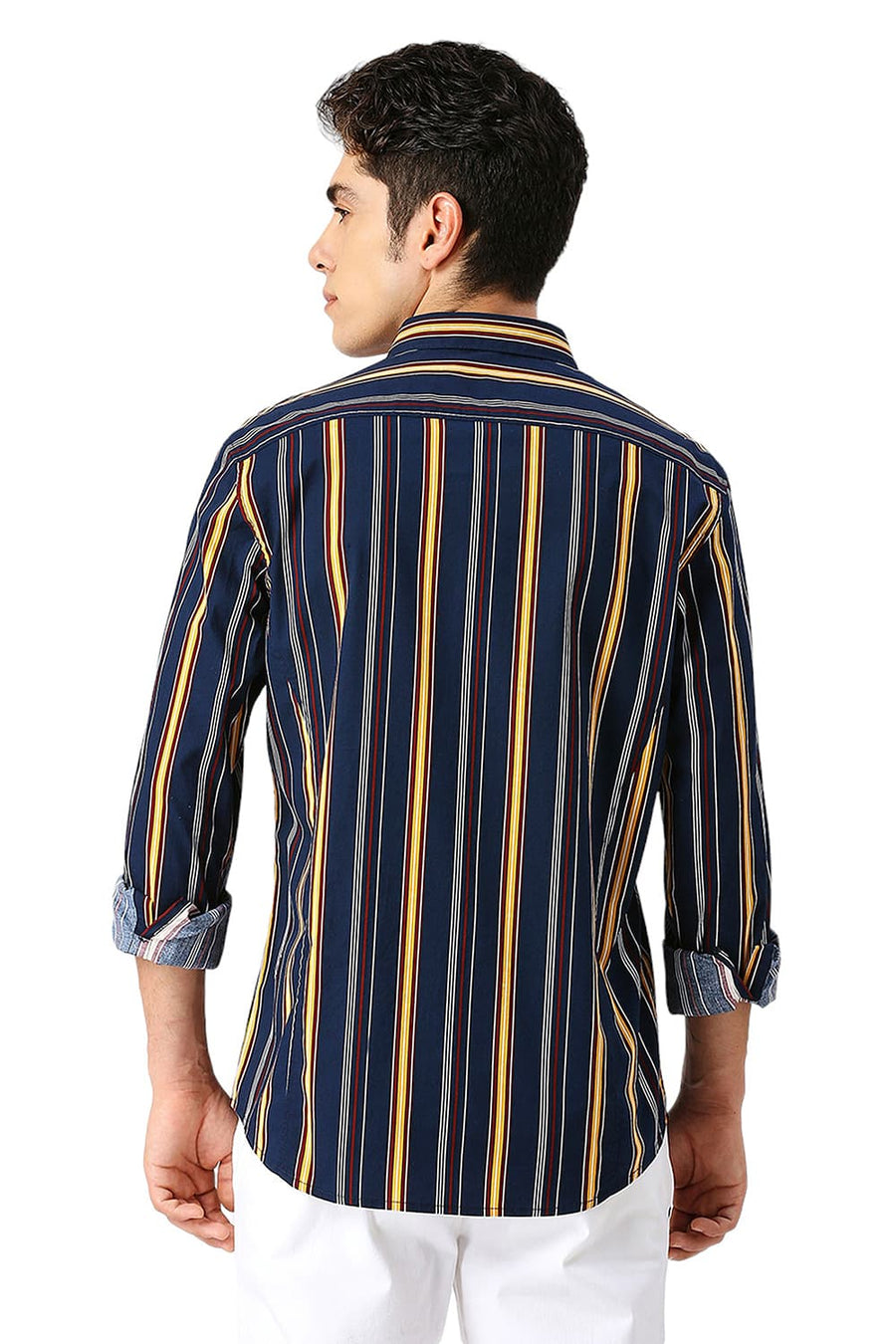 BASICS SLIM FIT NAVY BLAZER COTTON VISCOSE TWILL STRIPE SHIRT