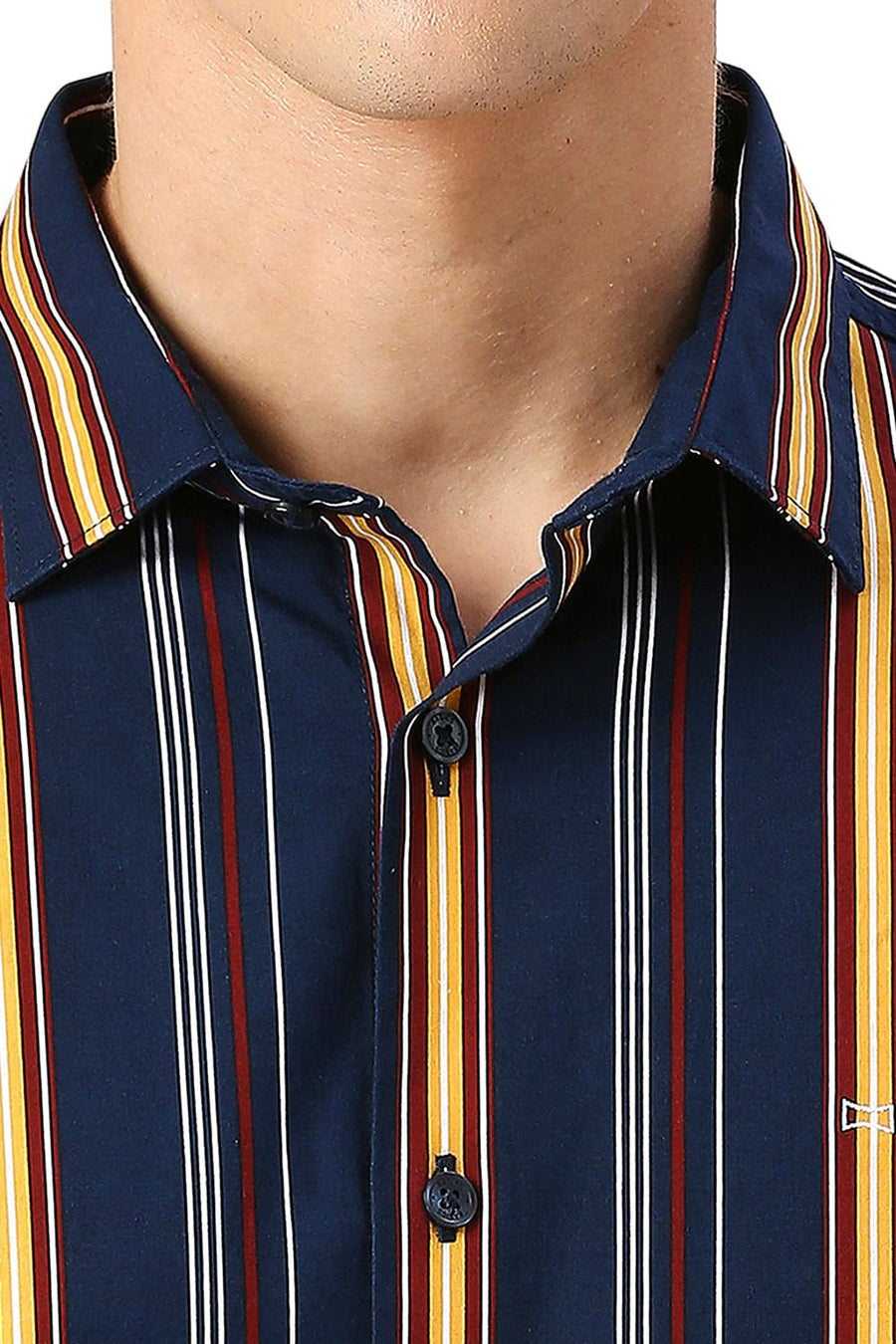 BASICS SLIM FIT NAVY BLAZER COTTON VISCOSE TWILL STRIPE SHIRT