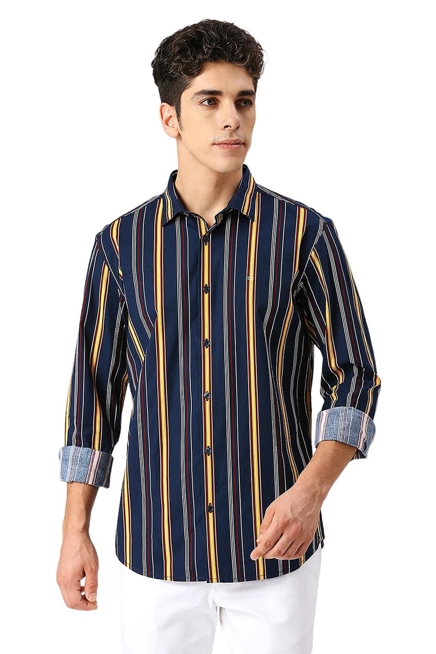 BASICS SLIM FIT NAVY BLAZER COTTON VISCOSE TWILL STRIPE SHIRT
