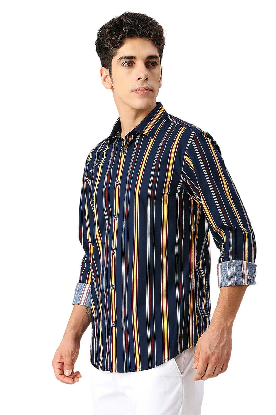 BASICS SLIM FIT NAVY BLAZER COTTON VISCOSE TWILL STRIPE SHIRT