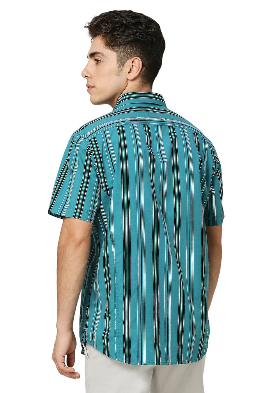 BASICS SLIM FIT QUETZAL GREEN COTTON VISCOSE TWILL STRIPE HALFSLEEVES SHIRT