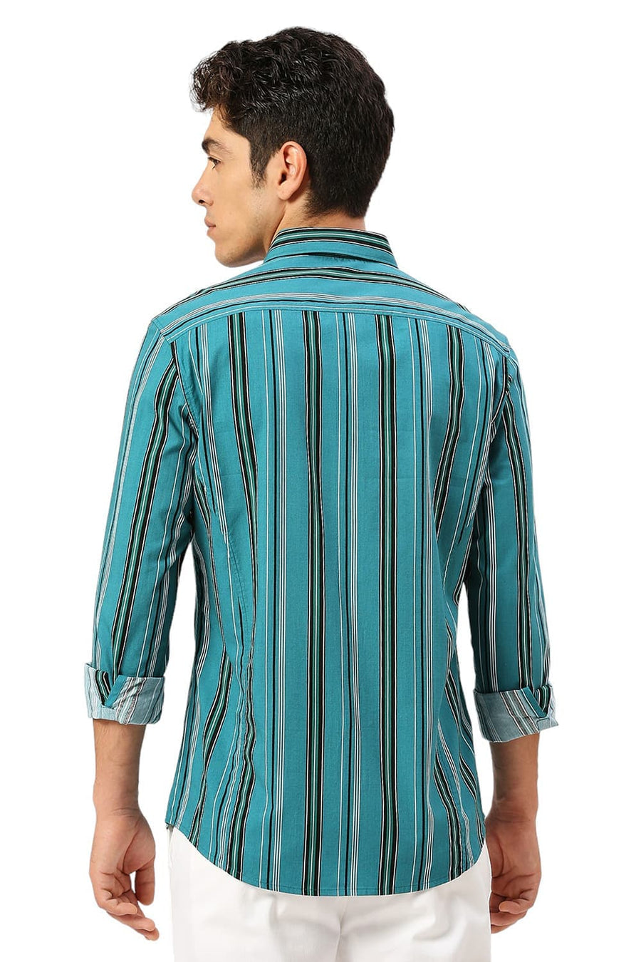 BASICS SLIM FIT QUETZAL GREEN COTTON VISCOSE TWILL STRIPE SHIRT