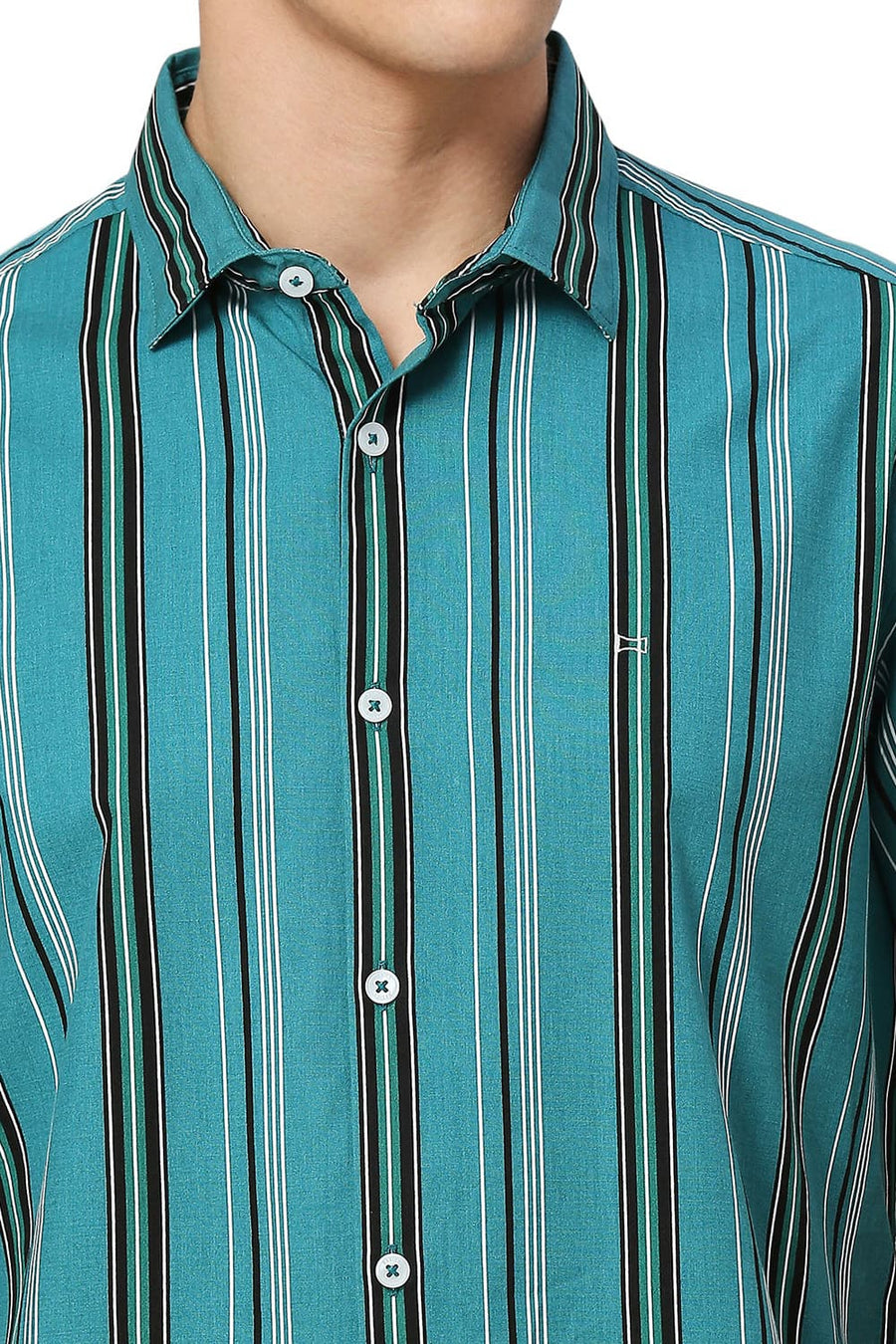 BASICS SLIM FIT QUETZAL GREEN COTTON VISCOSE TWILL STRIPE HALFSLEEVES SHIRT
