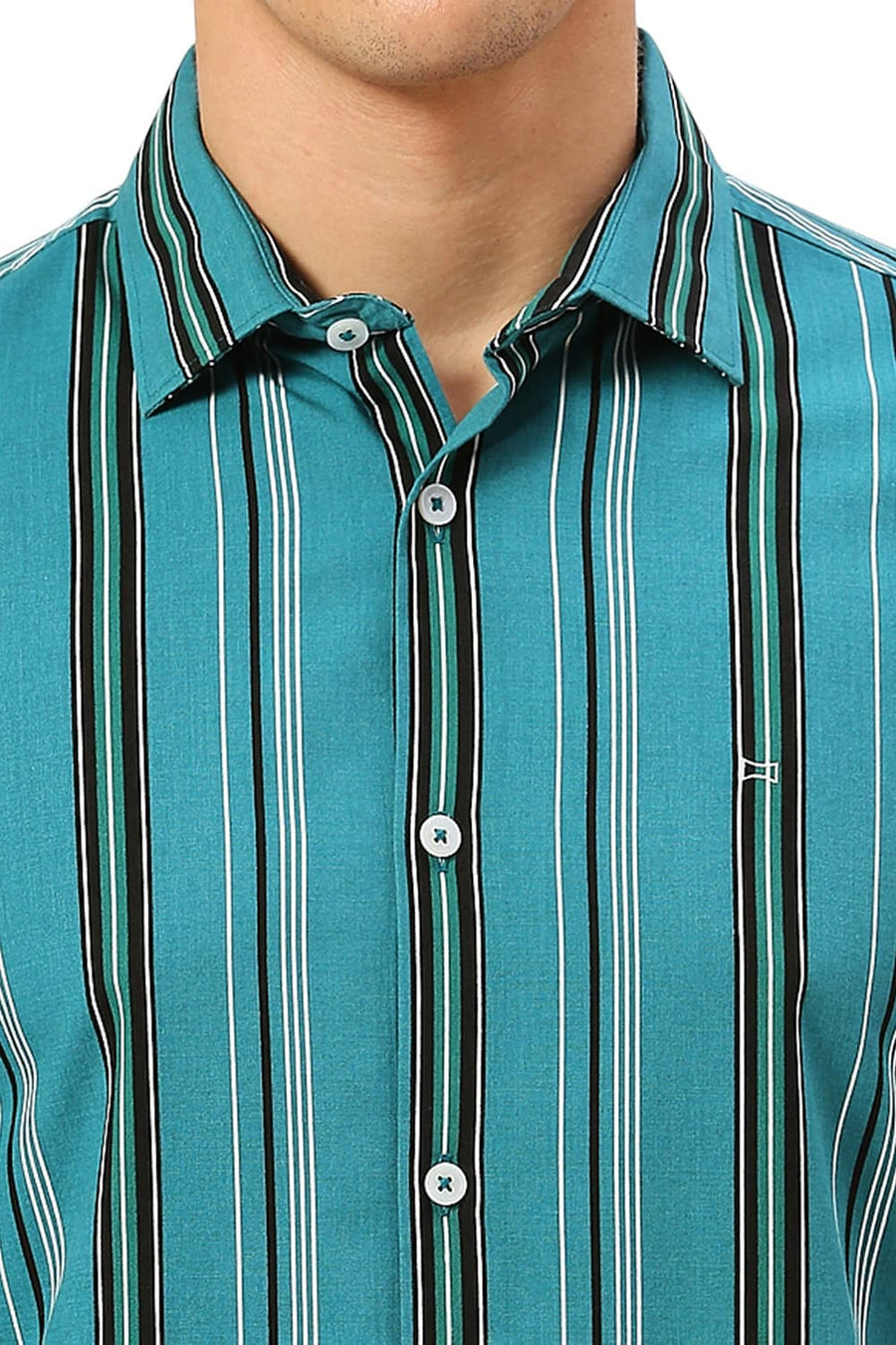 BASICS SLIM FIT QUETZAL GREEN COTTON VISCOSE TWILL STRIPE SHIRT