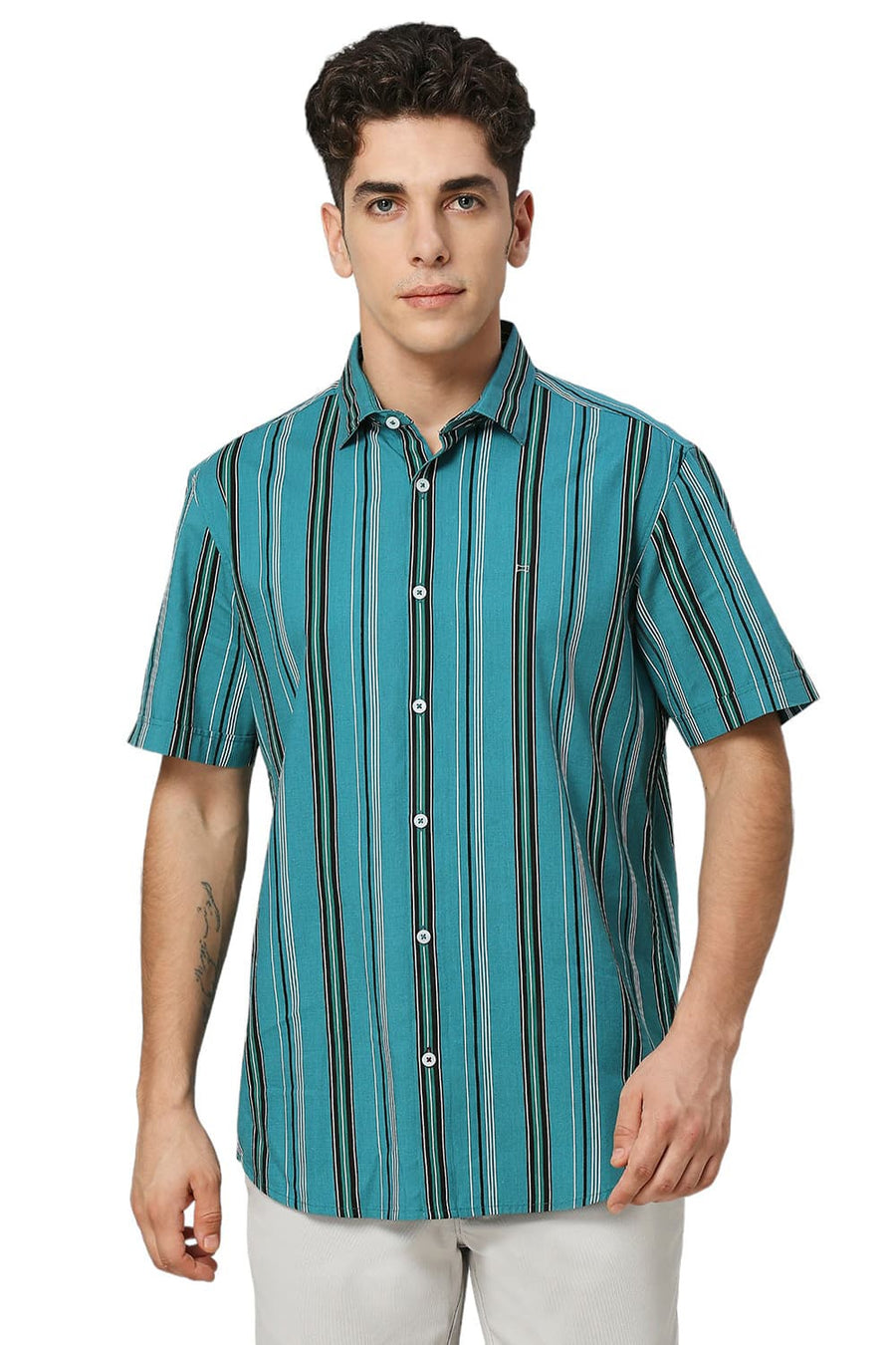 BASICS SLIM FIT QUETZAL GREEN COTTON VISCOSE TWILL STRIPE HALFSLEEVES SHIRT