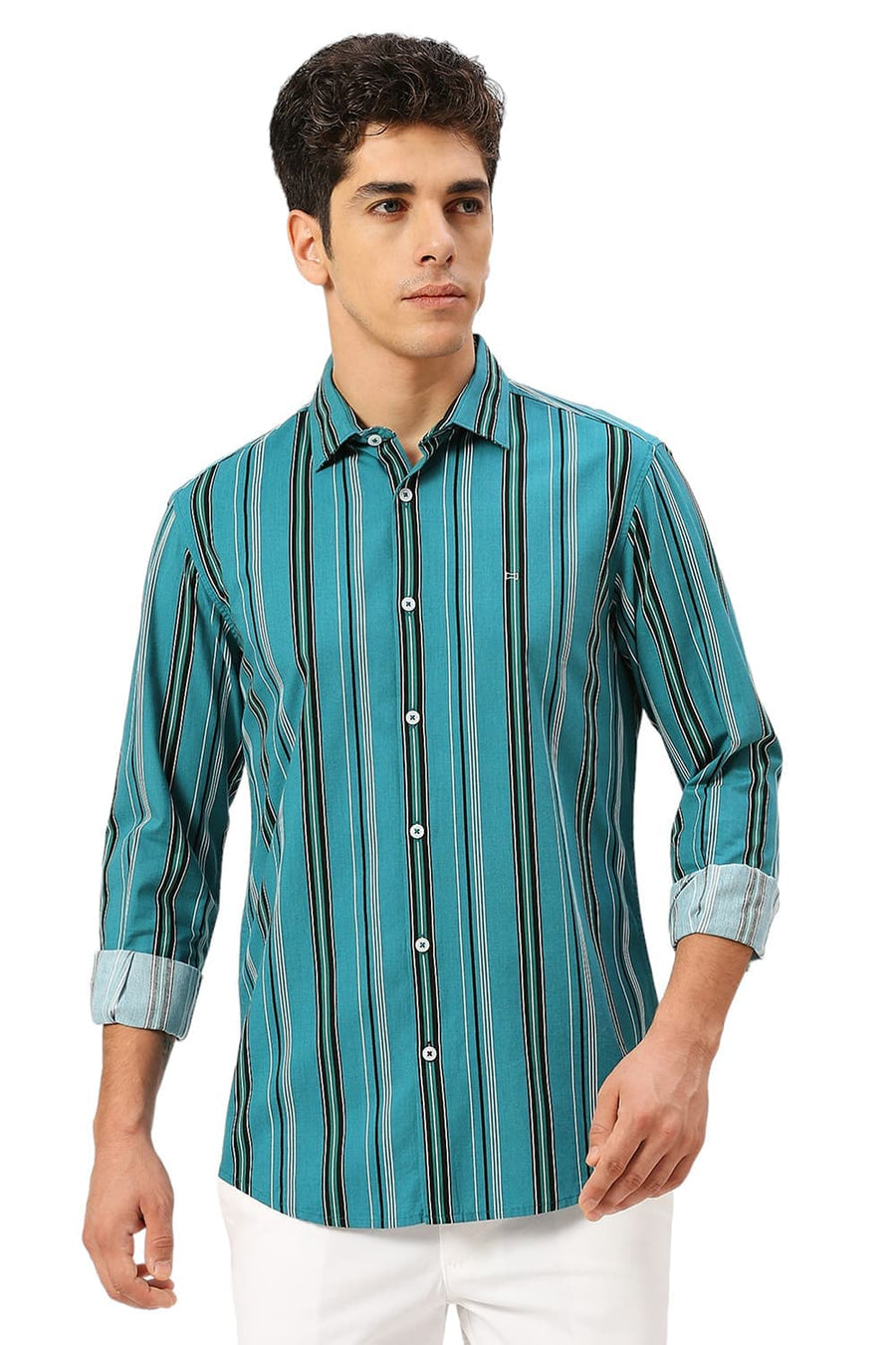 BASICS SLIM FIT QUETZAL GREEN COTTON VISCOSE TWILL STRIPE SHIRT