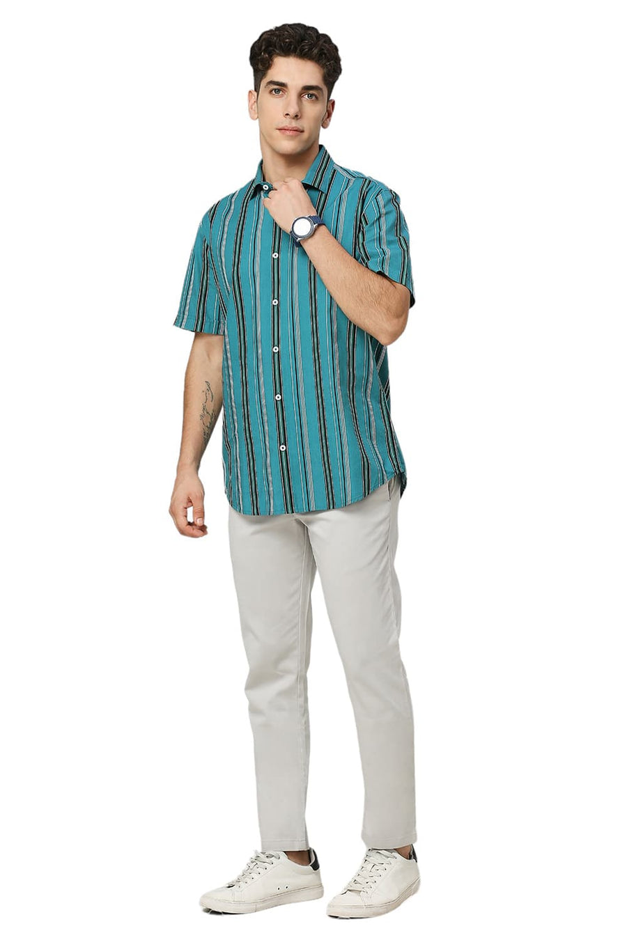 BASICS SLIM FIT QUETZAL GREEN COTTON VISCOSE TWILL STRIPE HALFSLEEVES SHIRT