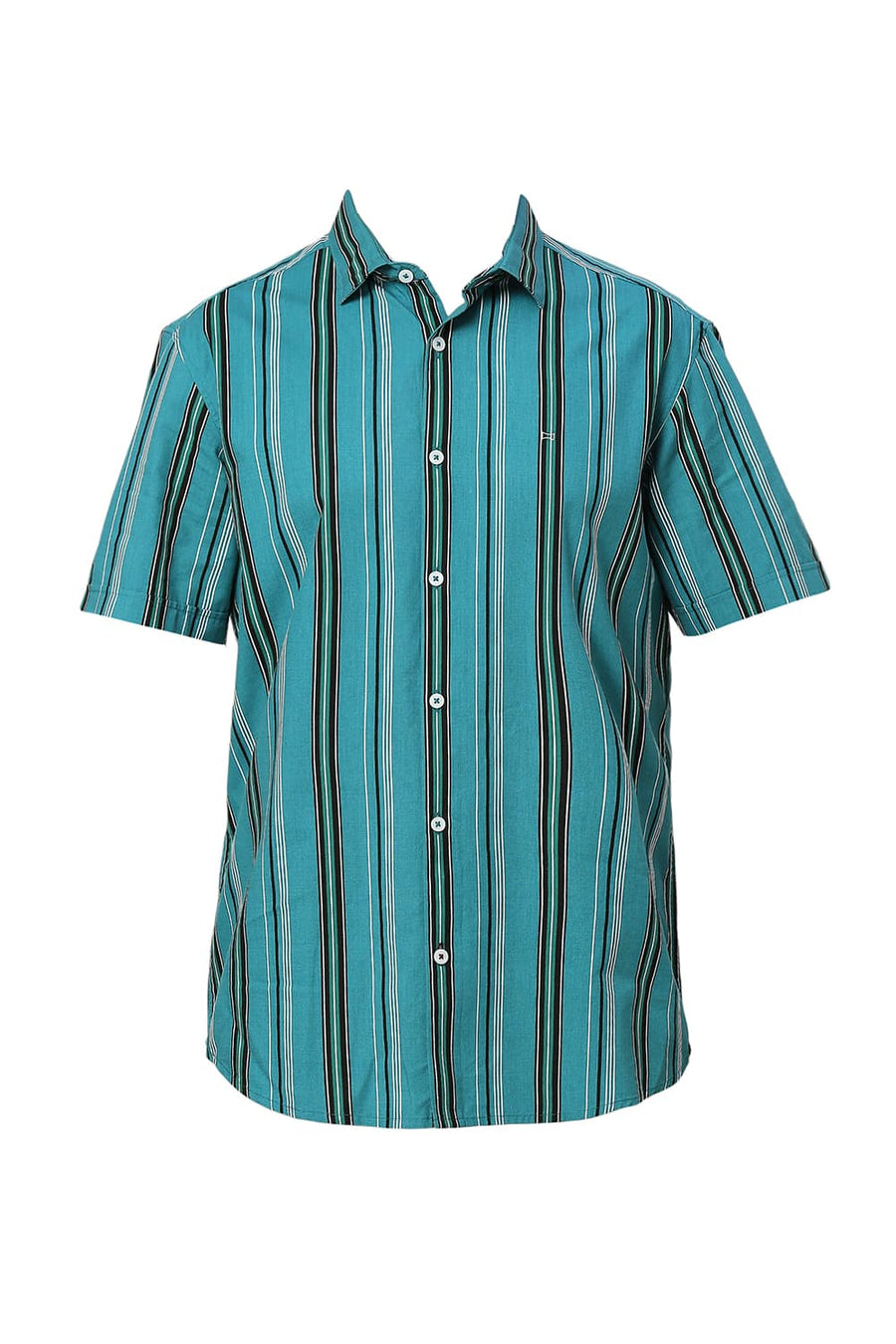 BASICS SLIM FIT QUETZAL GREEN COTTON VISCOSE TWILL STRIPE HALFSLEEVES SHIRT