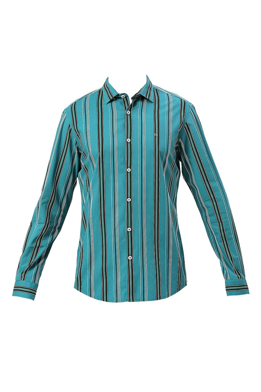 BASICS SLIM FIT QUETZAL GREEN COTTON VISCOSE TWILL STRIPE SHIRT