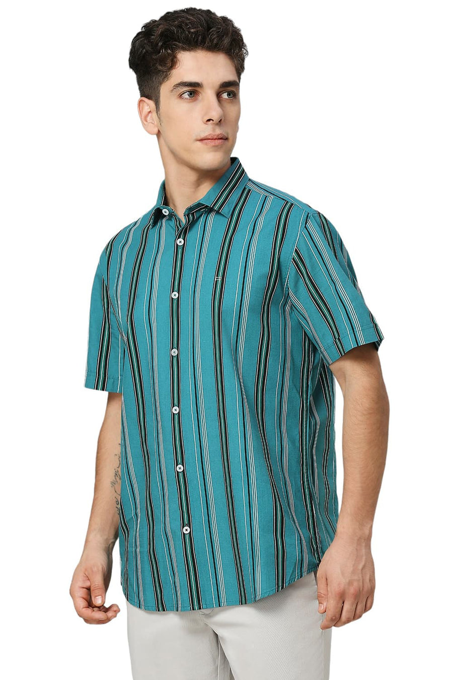 BASICS SLIM FIT QUETZAL GREEN COTTON VISCOSE TWILL STRIPE HALFSLEEVES SHIRT