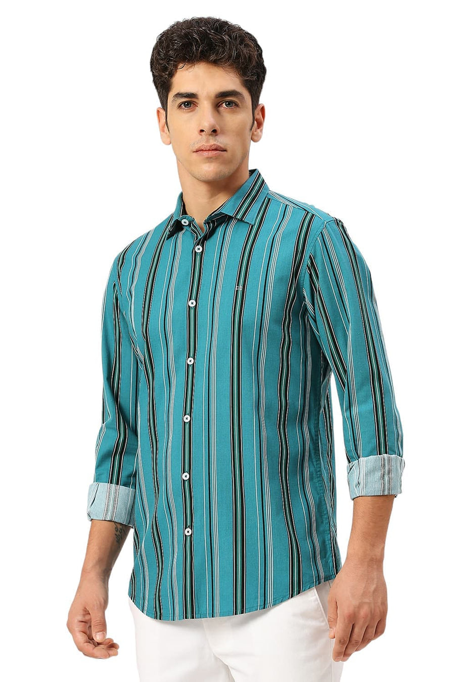 BASICS SLIM FIT QUETZAL GREEN COTTON VISCOSE TWILL STRIPE SHIRT