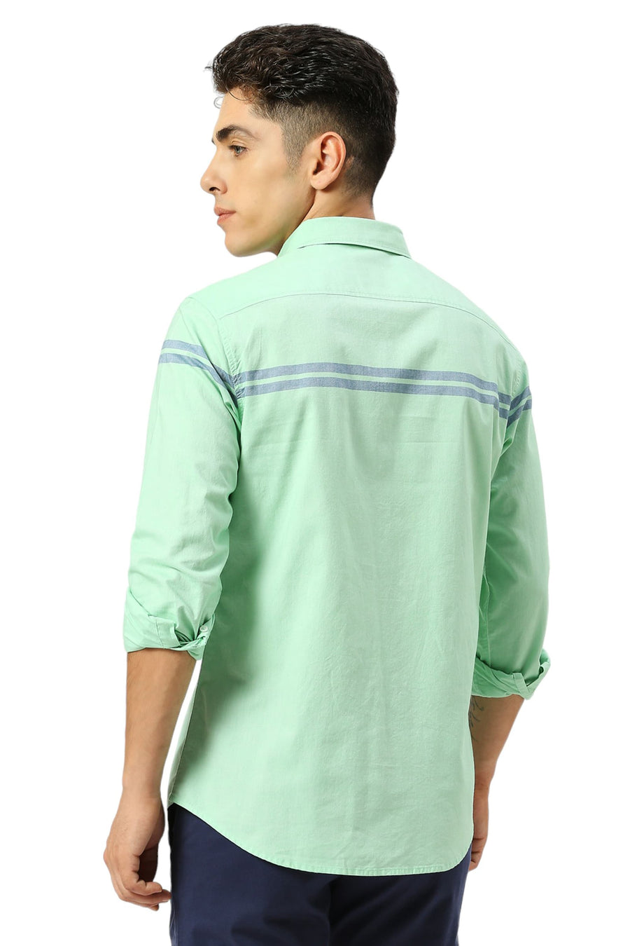 BASICS SLIM FIT GREEN ASH COTTON OXFORD WEFT ENGINEERING STRIPE SHIRT