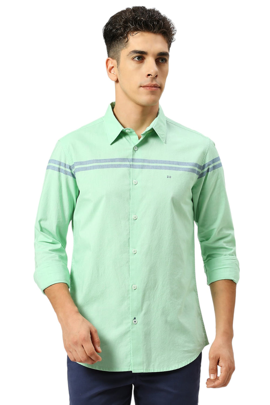 BASICS SLIM FIT GREEN ASH COTTON OXFORD WEFT ENGINEERING STRIPE SHIRT