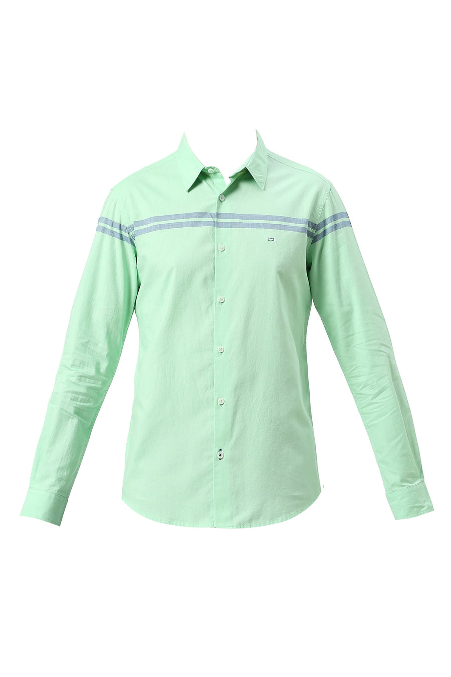 BASICS SLIM FIT GREEN ASH COTTON OXFORD WEFT ENGINEERING STRIPE SHIRT