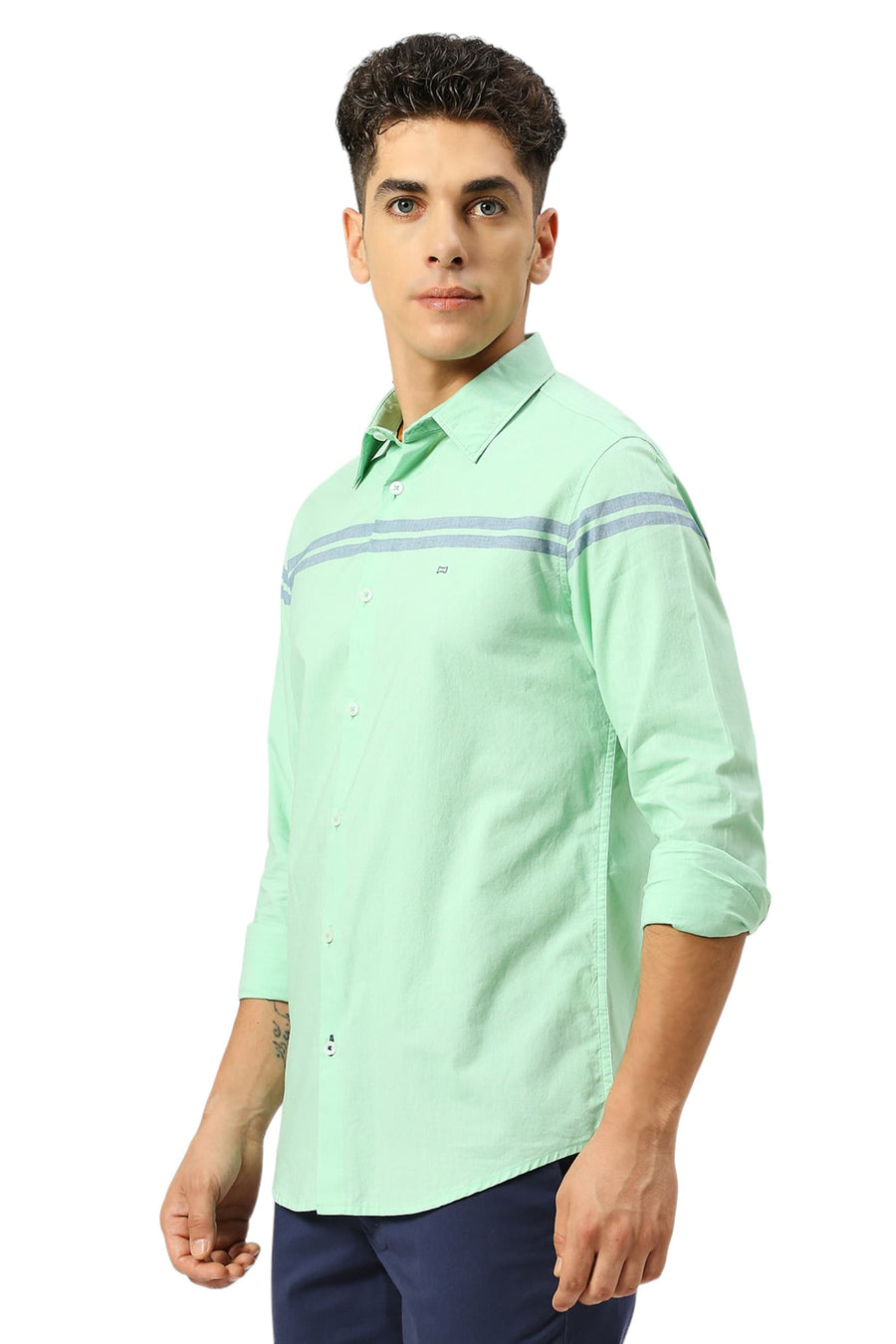 BASICS SLIM FIT GREEN ASH COTTON OXFORD WEFT ENGINEERING STRIPE SHIRT