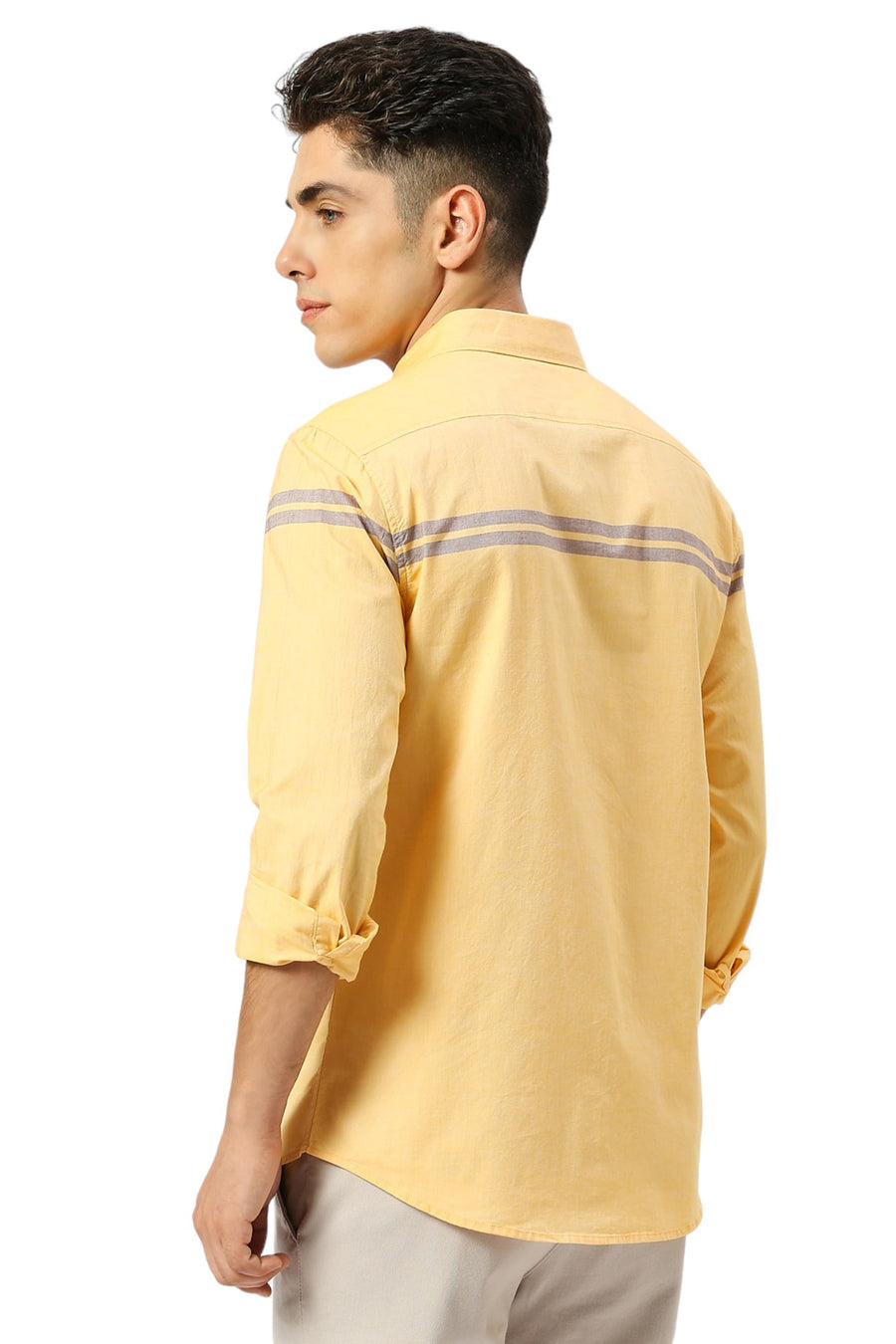 BASICS SLIM FIT FLAX YELLOW COTTON OXFORD WEFT ENGINEERING STRIPE SHIRT