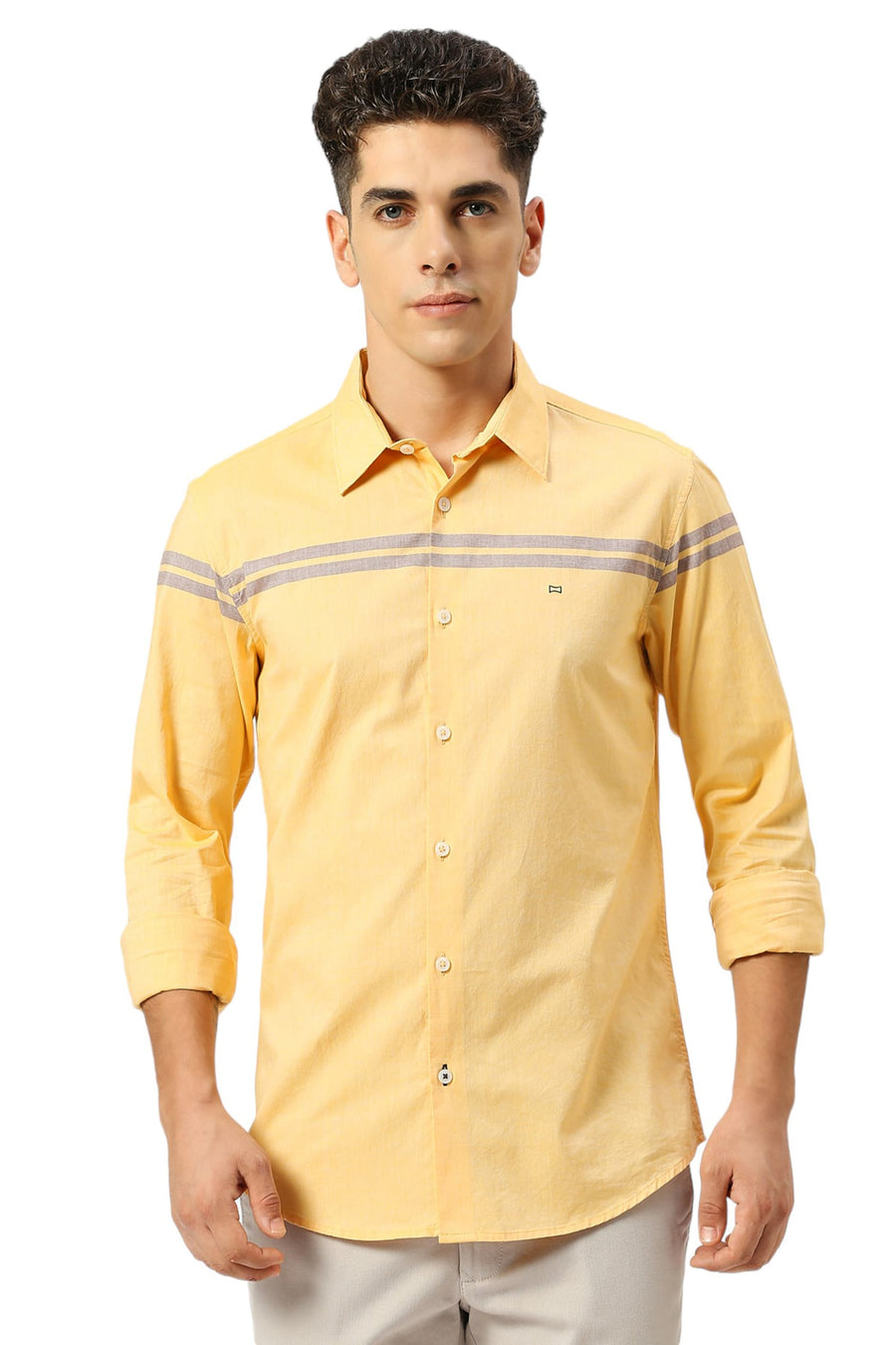 BASICS SLIM FIT FLAX YELLOW COTTON OXFORD WEFT ENGINEERING STRIPE SHIRT