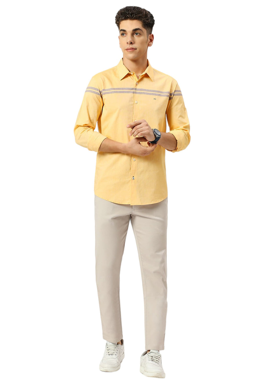 BASICS SLIM FIT FLAX YELLOW COTTON OXFORD WEFT ENGINEERING STRIPE SHIRT