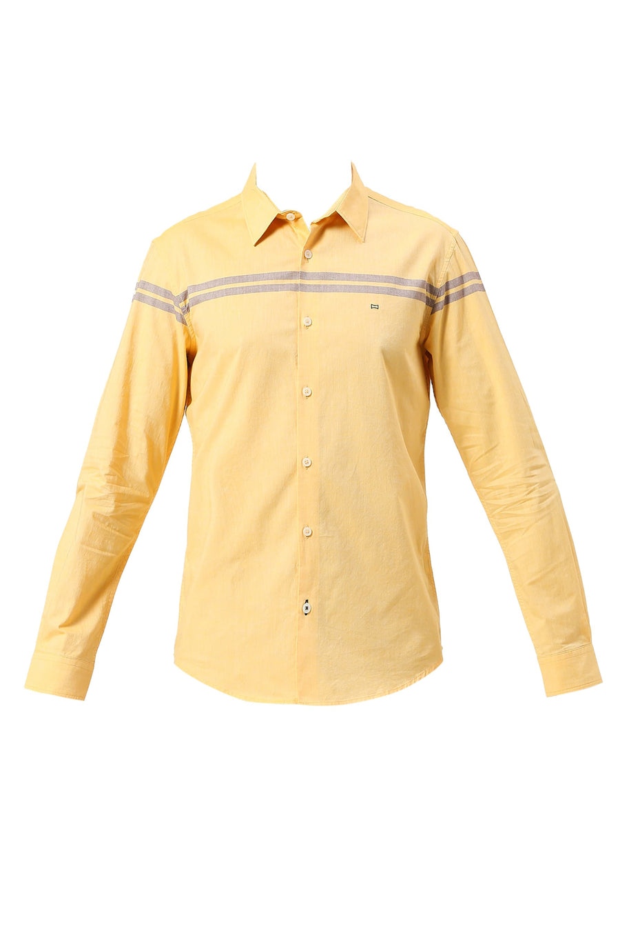 BASICS SLIM FIT FLAX YELLOW COTTON OXFORD WEFT ENGINEERING STRIPE SHIRT