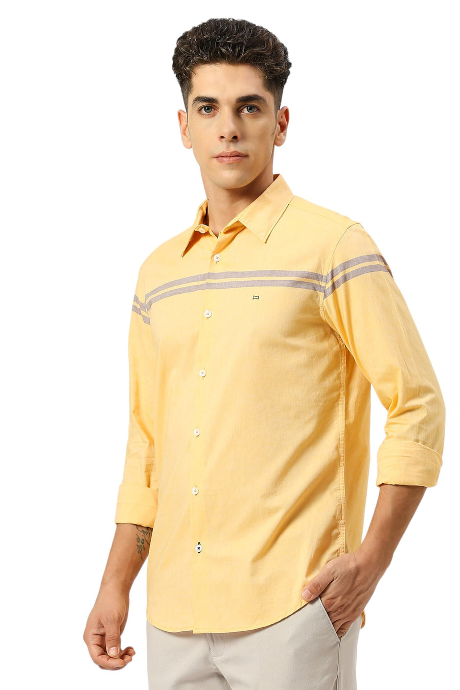 BASICS SLIM FIT FLAX YELLOW COTTON OXFORD WEFT ENGINEERING STRIPE SHIRT
