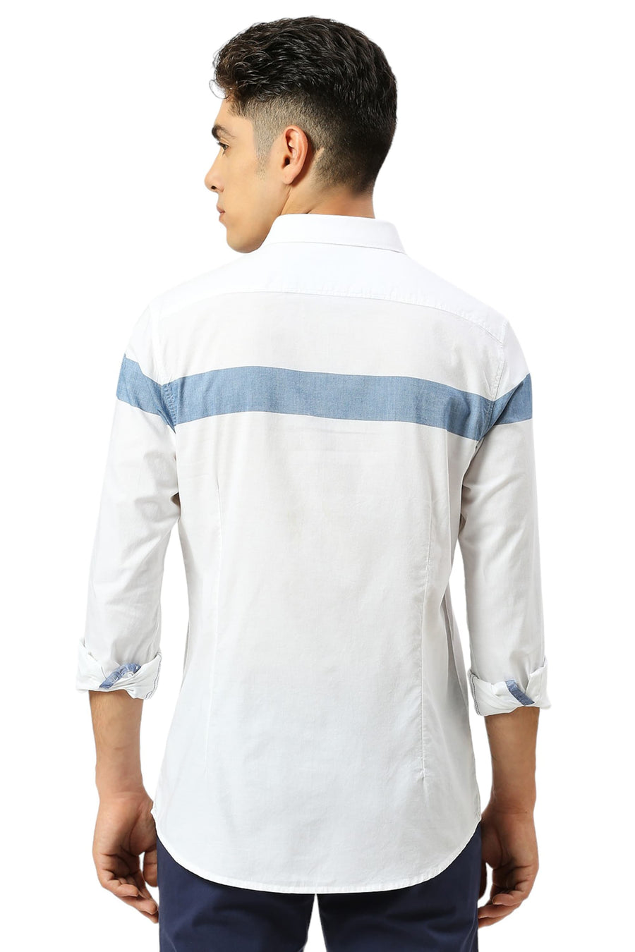 BASICS SLIM FIT MOROCCAN BLUE COTTON OXFORD WEFT ENGINEERING STRIPE SHIRT