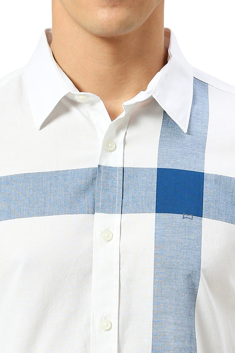 BASICS SLIM FIT MOROCCAN BLUE COTTON OXFORD WEFT ENGINEERING STRIPE SHIRT