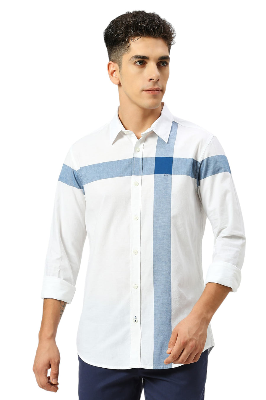 BASICS SLIM FIT MOROCCAN BLUE COTTON OXFORD WEFT ENGINEERING STRIPE SHIRT