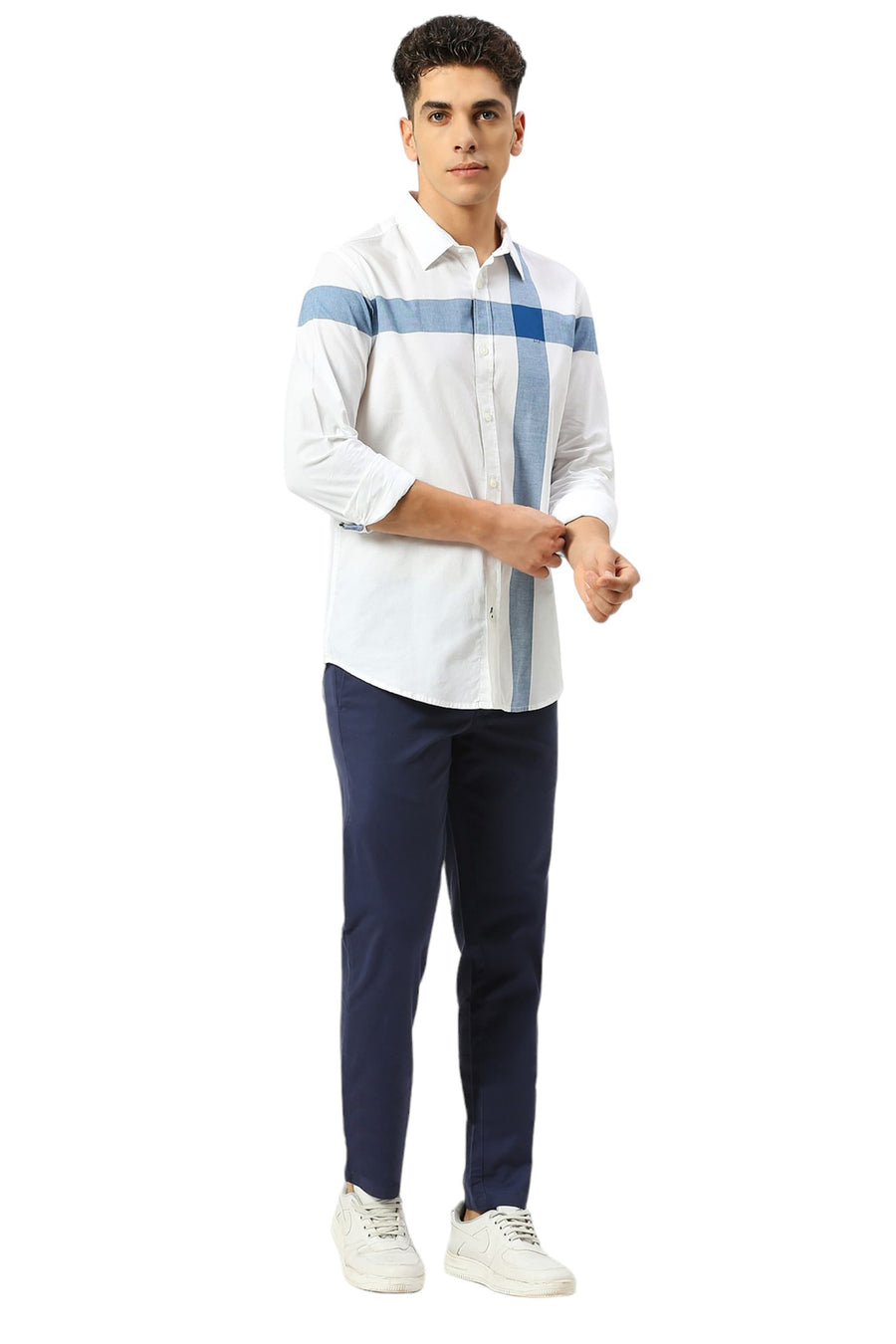 BASICS SLIM FIT MOROCCAN BLUE COTTON OXFORD WEFT ENGINEERING STRIPE SHIRT