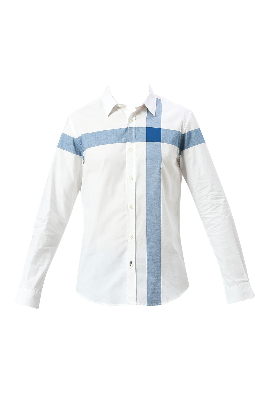 BASICS SLIM FIT MOROCCAN BLUE COTTON OXFORD WEFT ENGINEERING STRIPE SHIRT