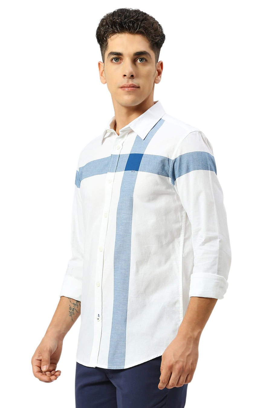 BASICS SLIM FIT MOROCCAN BLUE COTTON OXFORD WEFT ENGINEERING STRIPE SHIRT