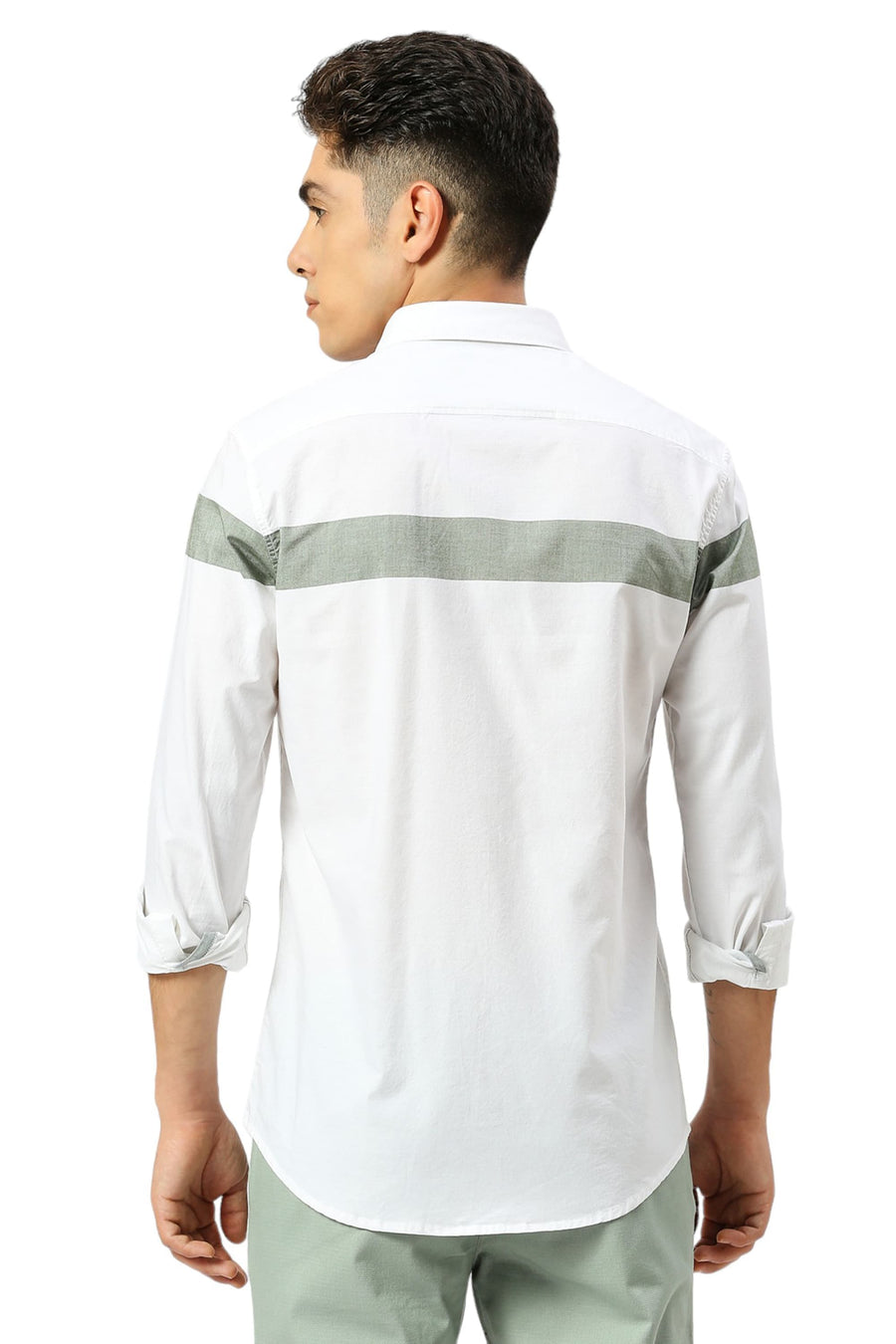 BASICS SLIM FIT BRONZE OLIVE COTTON OXFORD WEFT ENGINEERING STRIPE SHIRT