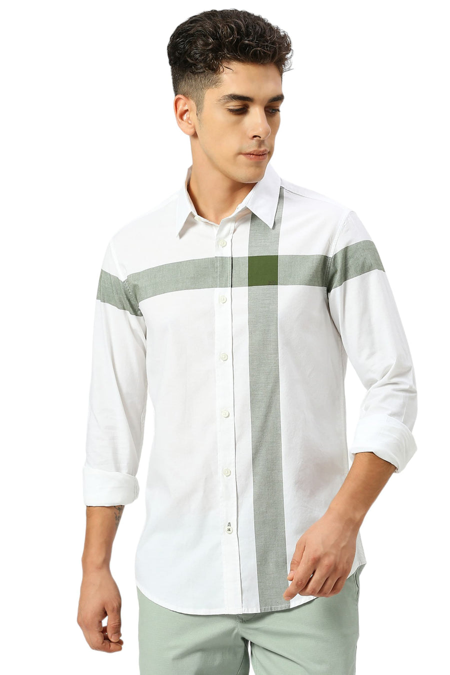 BASICS SLIM FIT BRONZE OLIVE COTTON OXFORD WEFT ENGINEERING STRIPE SHIRT