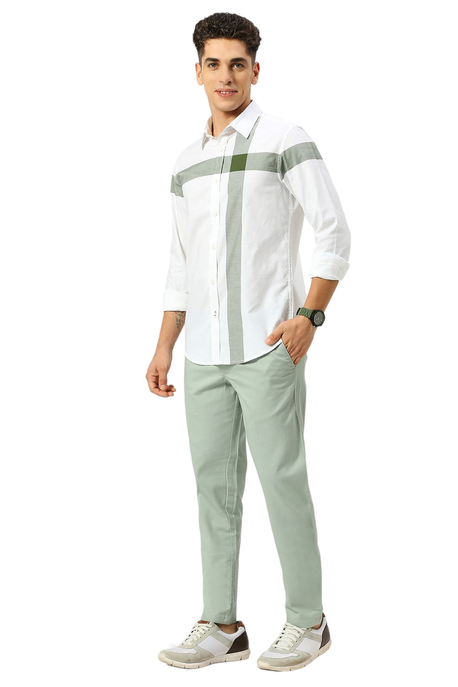 BASICS SLIM FIT BRONZE OLIVE COTTON OXFORD WEFT ENGINEERING STRIPE SHIRT