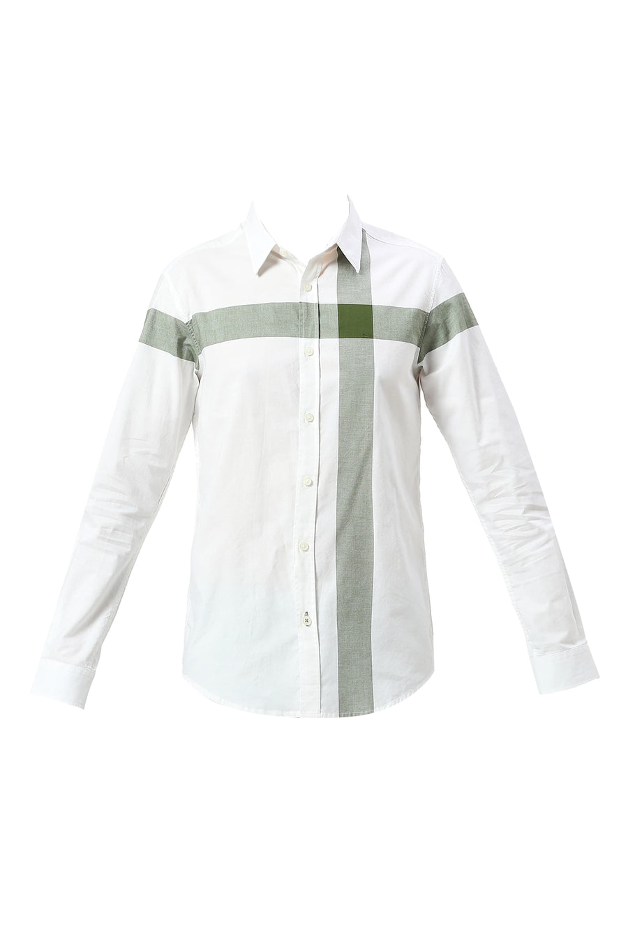 BASICS SLIM FIT BRONZE OLIVE COTTON OXFORD WEFT ENGINEERING STRIPE SHIRT