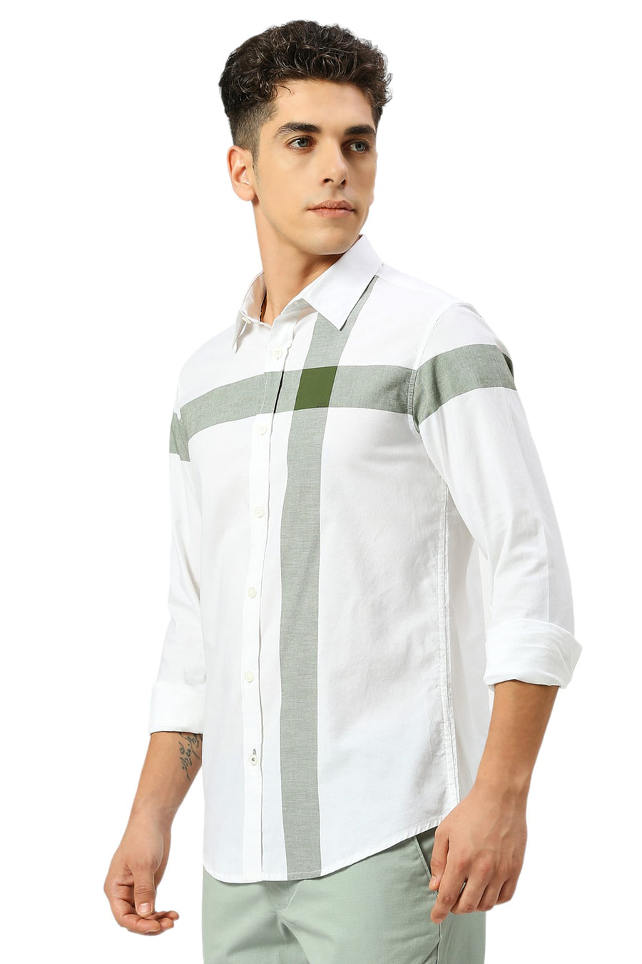 BASICS SLIM FIT BRONZE OLIVE COTTON OXFORD WEFT ENGINEERING STRIPE SHIRT