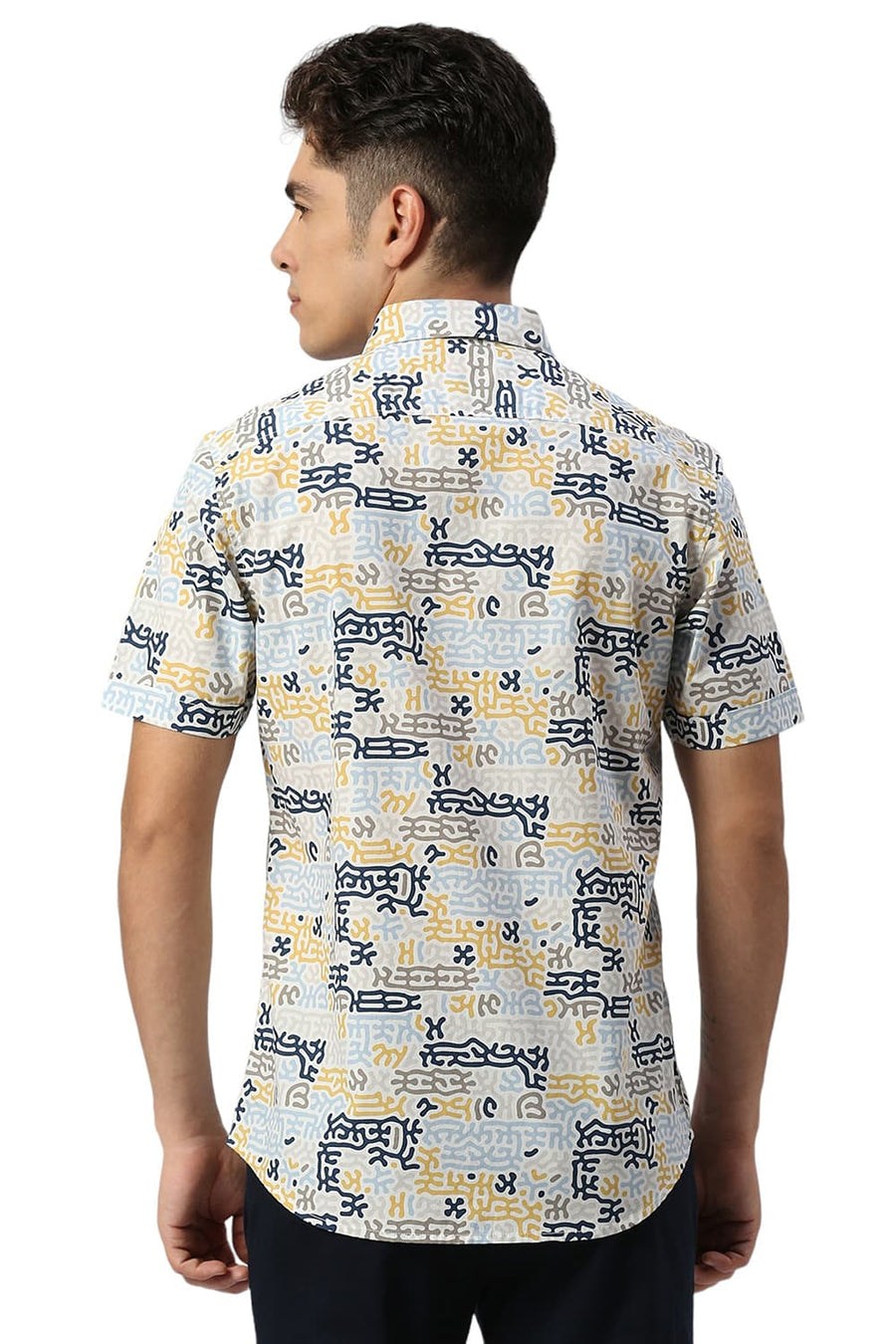 BASICS SLIM FIT OFF WHITE BIRCH COTTON PRINTED HALFSLEEVES SHIRT