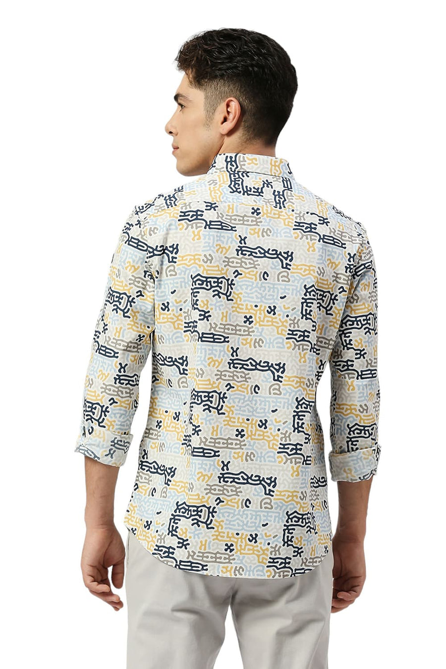 BASICS SLIM FIT OFF WHITE BIRCH COTTON PRINTED SHIRT