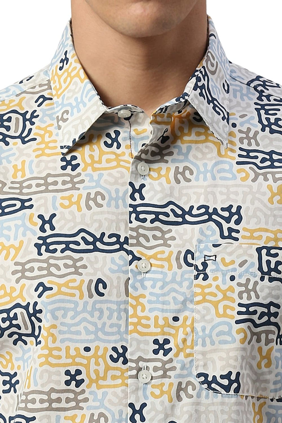 BASICS SLIM FIT OFF WHITE BIRCH COTTON PRINTED HALFSLEEVES SHIRT