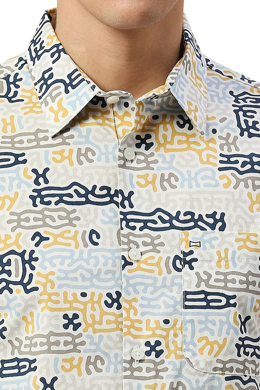 BASICS SLIM FIT OFF WHITE BIRCH COTTON PRINTED SHIRT