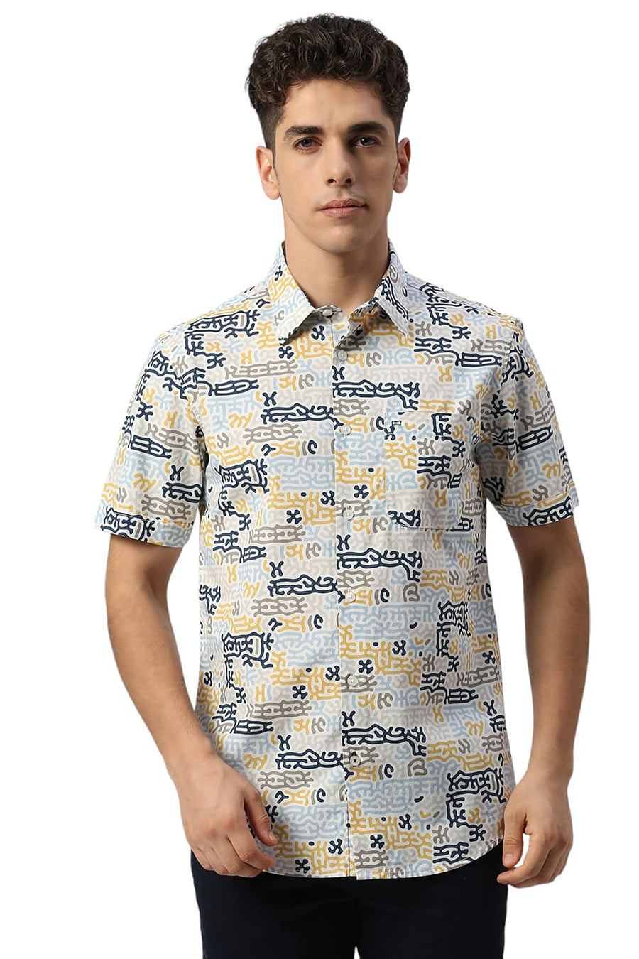 BASICS SLIM FIT OFF WHITE BIRCH COTTON PRINTED HALFSLEEVES SHIRT