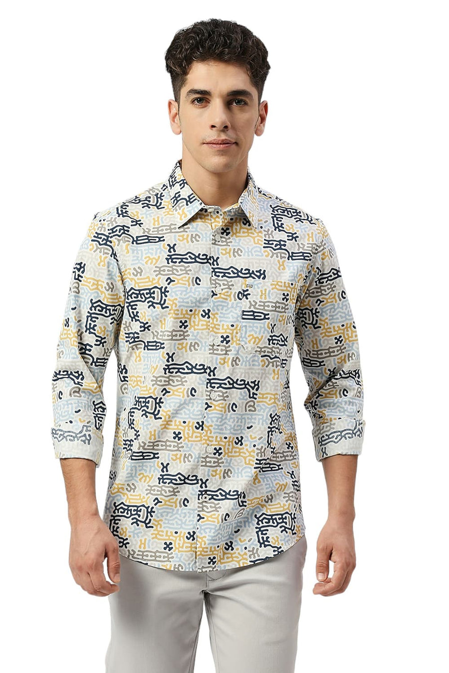 BASICS SLIM FIT OFF WHITE BIRCH COTTON PRINTED SHIRT