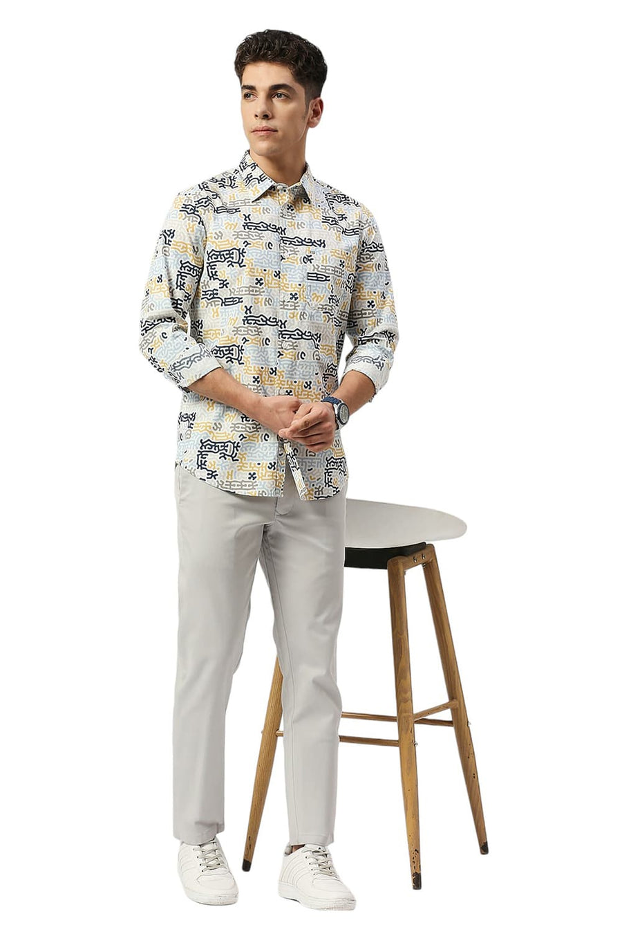 BASICS SLIM FIT OFF WHITE BIRCH COTTON PRINTED SHIRT