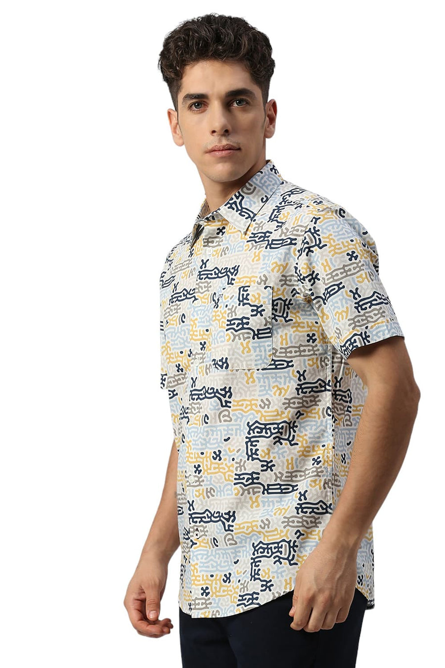 BASICS SLIM FIT OFF WHITE BIRCH COTTON PRINTED HALFSLEEVES SHIRT