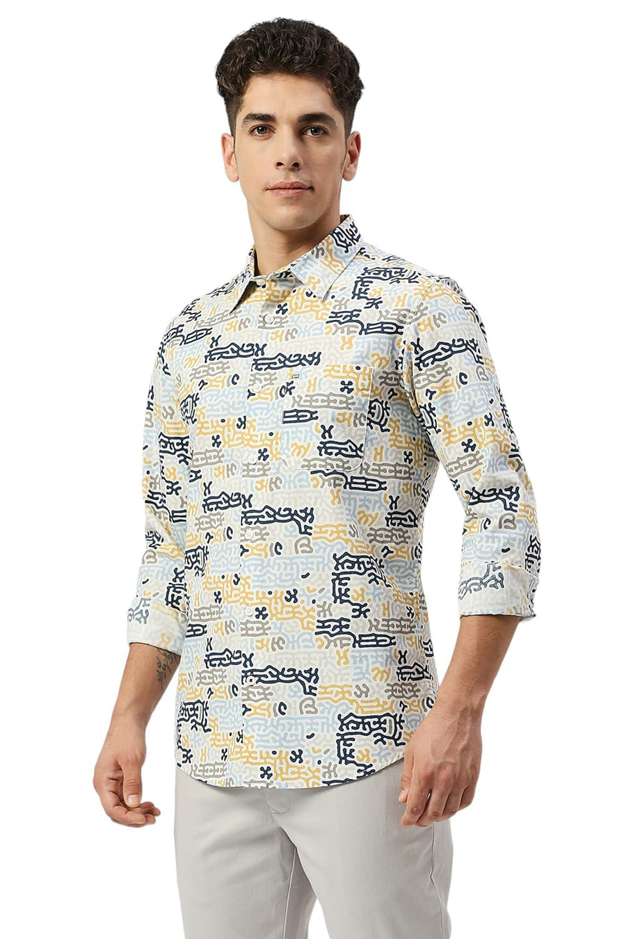 BASICS SLIM FIT OFF WHITE BIRCH COTTON PRINTED SHIRT