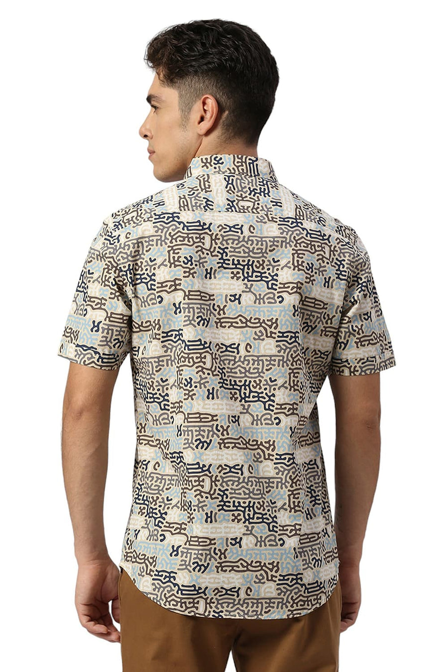 BASICS SLIM FIT BISCOTTI BROWN COTTON PRINTED HALFSLEEVES SHIRT