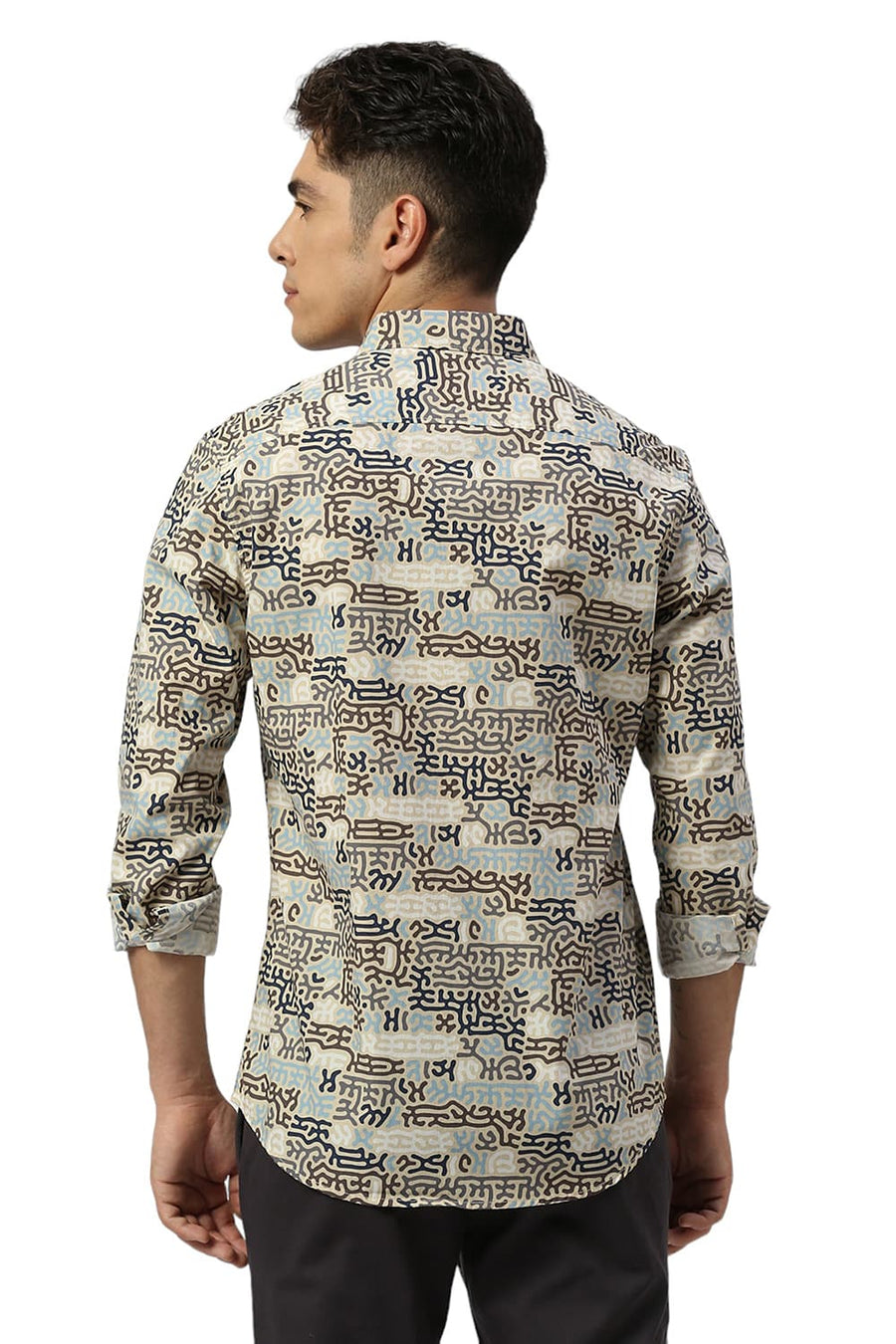 BASICS SLIM FIT BISCOTTI BROWN COTTON PRINTED SHIRT