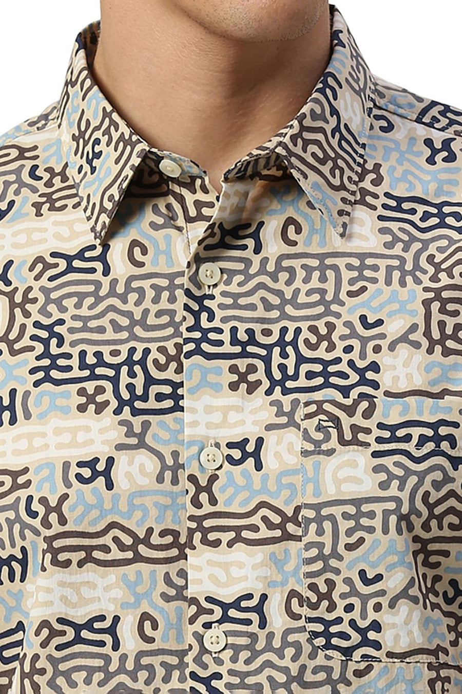 BASICS SLIM FIT BISCOTTI BROWN COTTON PRINTED HALFSLEEVES SHIRT