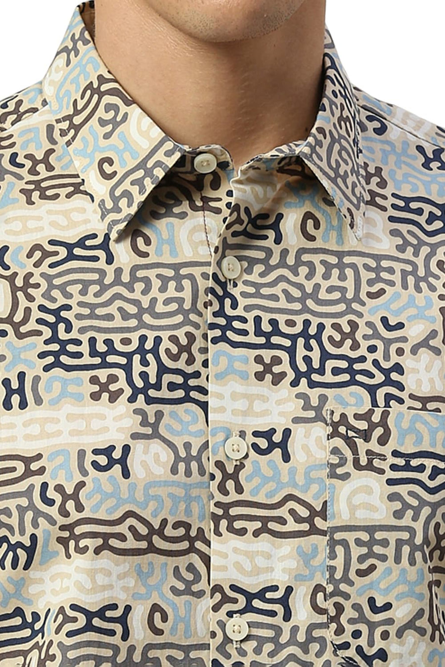 BASICS SLIM FIT BISCOTTI BROWN COTTON PRINTED SHIRT