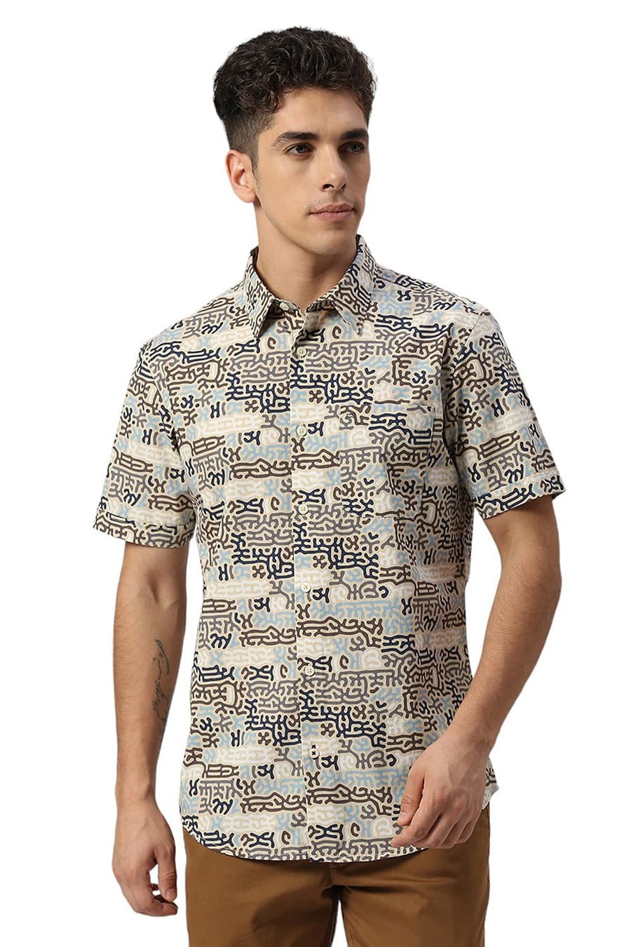 BASICS SLIM FIT BISCOTTI BROWN COTTON PRINTED HALFSLEEVES SHIRT