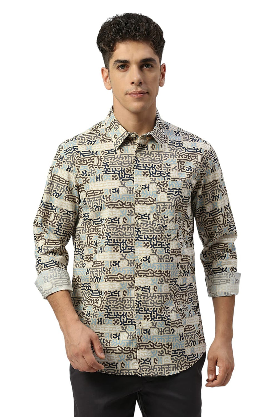 BASICS SLIM FIT BISCOTTI BROWN COTTON PRINTED SHIRT